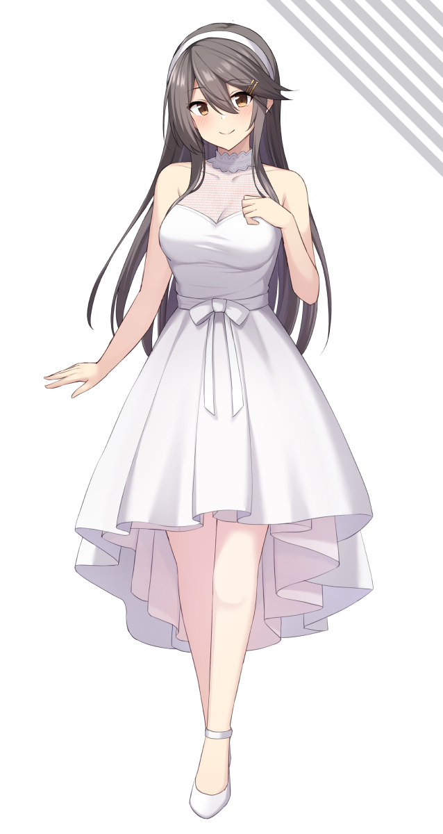 1girl, akahi242, alternate_costume, black_hair, brown_eyes, commentary_request, detached_collar, dress, full_body, hairband, haruna_(kancolle), high_heels, highres, kantai_collection, long_hair, off-shoulder_dress, off_shoulder, solo, white_background, white_dress, white_footwear, white_hairband