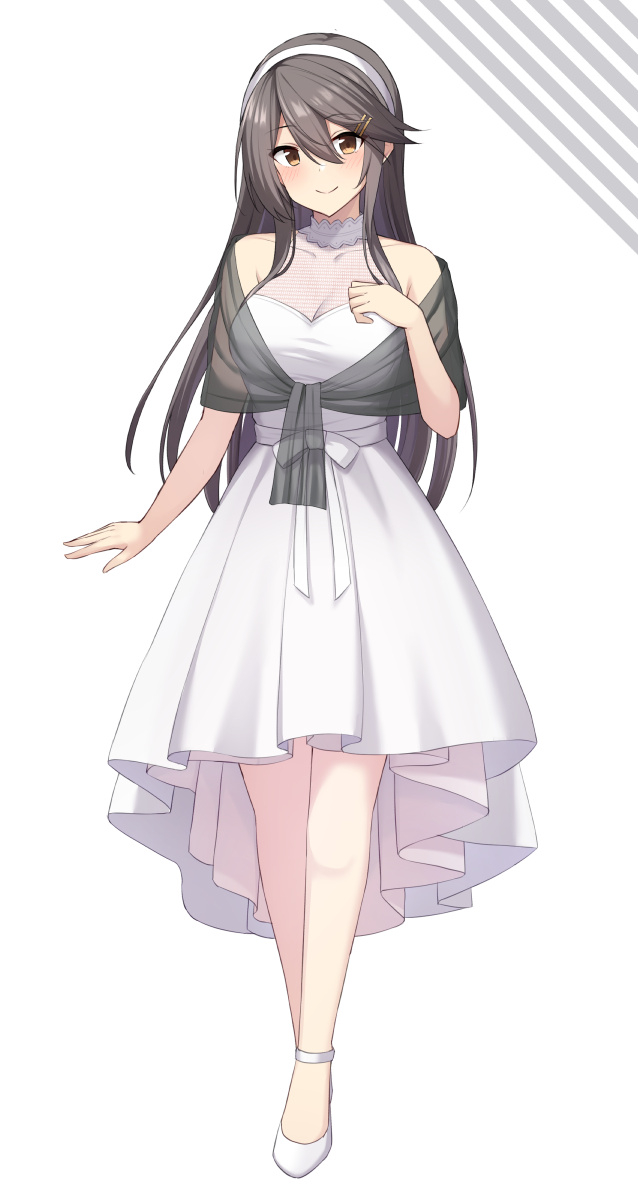 1girl, akahi242, alternate_costume, black_hair, brown_eyes, commentary_request, detached_collar, dress, full_body, grey_shawl, hairband, haruna_(kancolle), high_heels, highres, kantai_collection, long_hair, off-shoulder_dress, off_shoulder, shawl, solo, white_background, white_dress, white_footwear, white_hairband