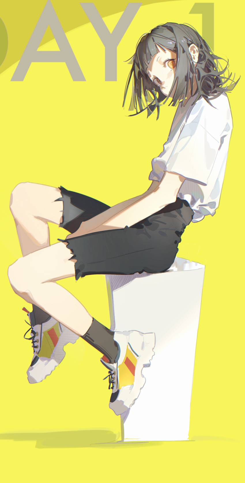 1girl, absurdres, between_legs, black_hair, black_shorts, black_socks, blunt_bangs, covered_mouth