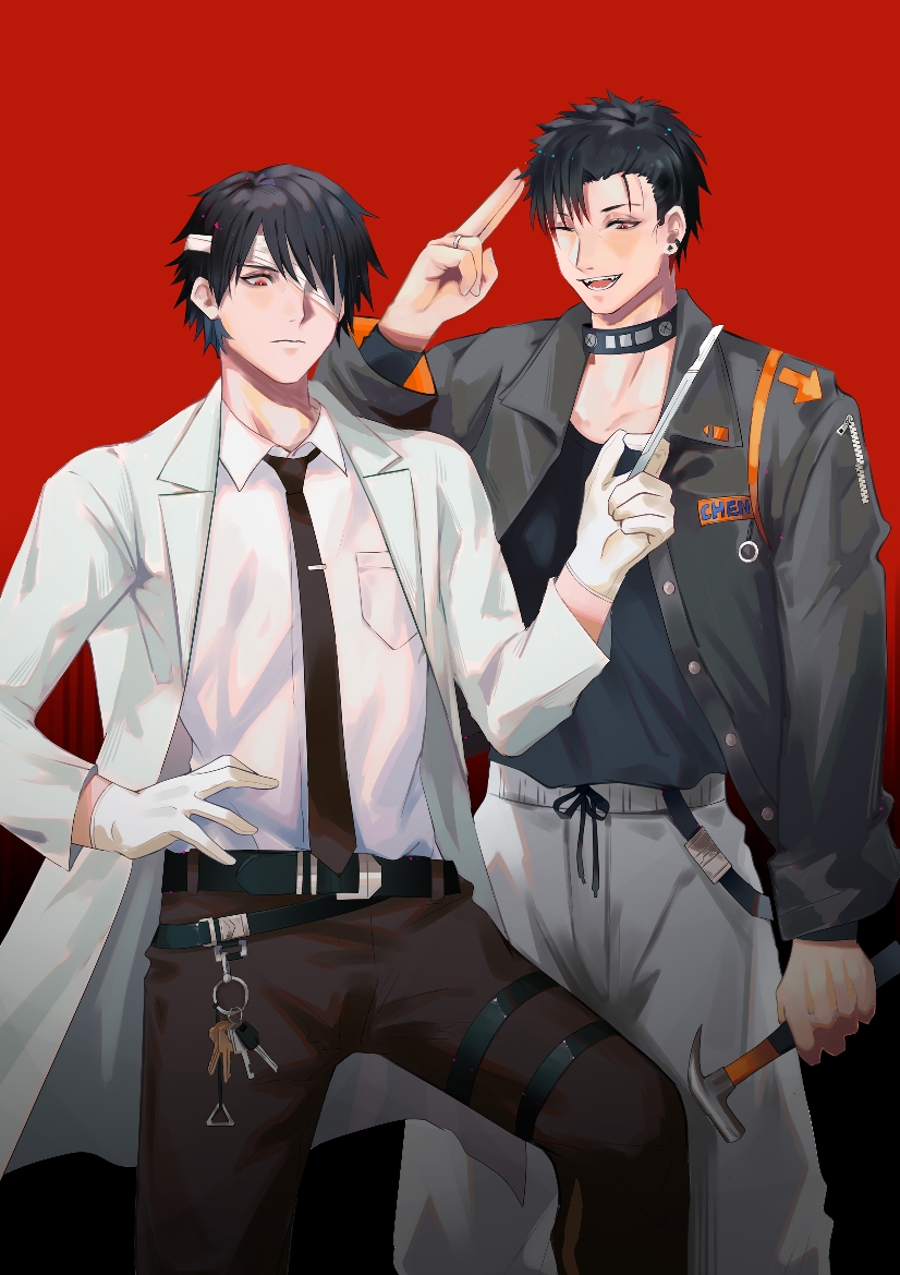 2boys, arm_at_side, bandage_over_one_eye, belt, black_choker, black_hair, black_jacket, black_necktie, brown_pants, chen_ge, choker, doufujintianxianle, earclip, gloves, hammer, holding, holding_hammer, jacket, jewelry, key, keyring, lab_coat, long_sleeves, male_focus, multiple_boys, my_house_of_horrors, necktie, one_eye_closed, open_labcoat, pants, pocket, red_background, red_eyes, ring, salute, scalpel, shirt, standing, thigh_strap, two-finger_salute, white_gloves, white_shirt