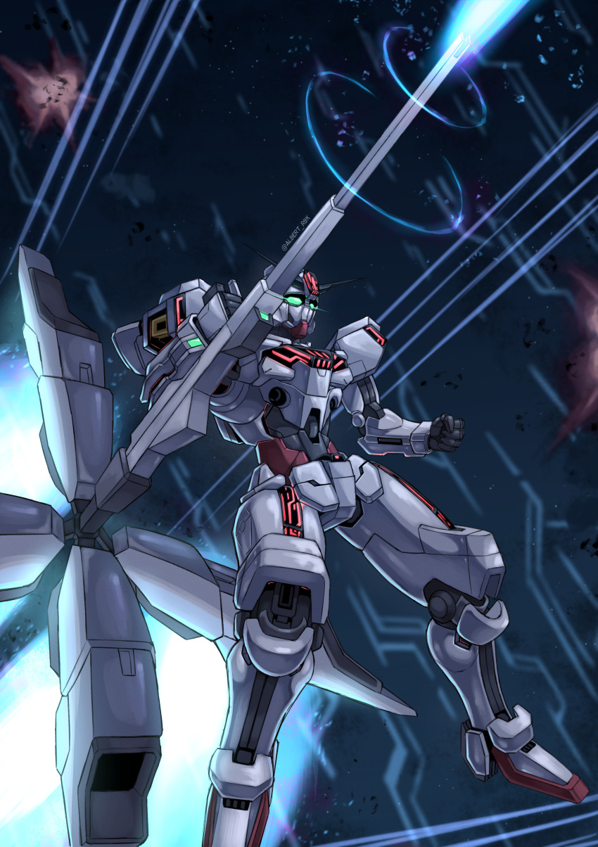 absurdres, albert_rbk, beam_cannon, energy_cannon, exhaust, explosion, firing, glowing, glowing_eyes, green_eyes, gundam, gundam_calibarn, gundam_suisei_no_majo, highres, holding, holding_cannon, holding_weapon, mecha, mobile_suit, no_humans, robot, science_fiction, solo, thrusters, twitter_username, v-fin, weapon