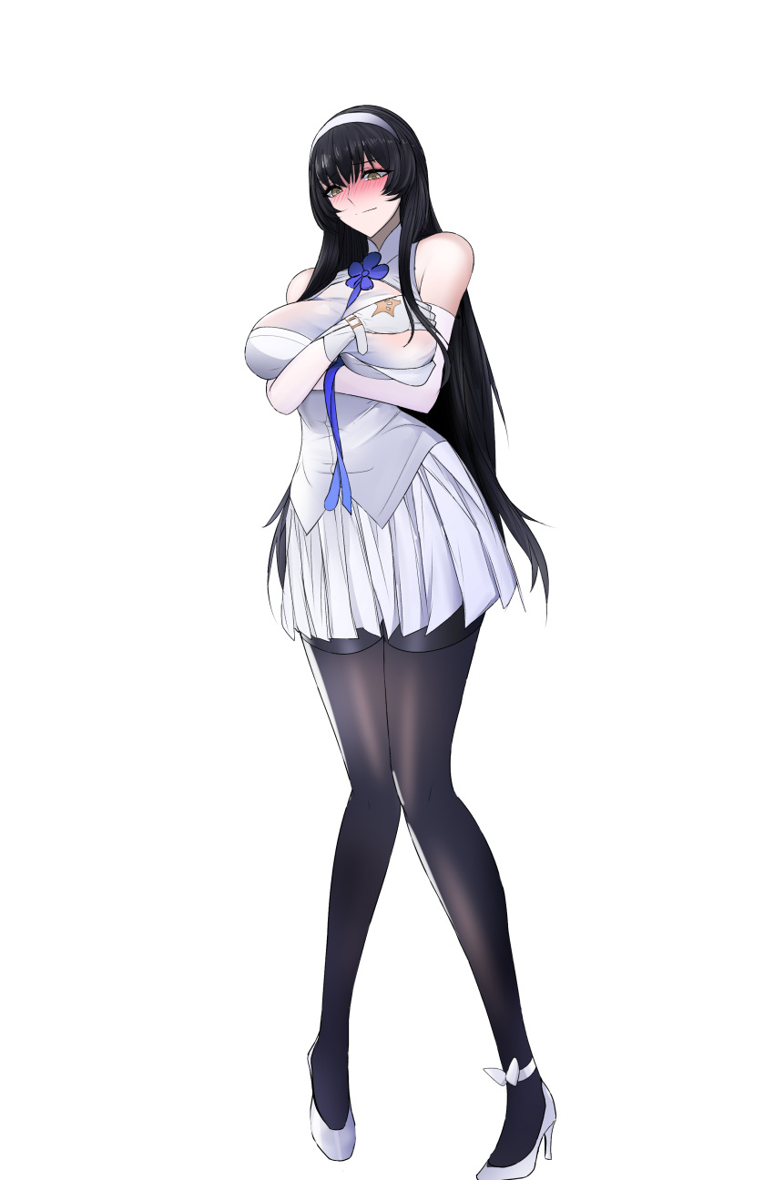 1girl, absurdres, black_hair, blush, breasts, closed_mouth, flower, girls_frontline, gloves, hair_ornament, hairband, hands_on_own_chest, highres, large_breasts, long_hair, pantyhose, simple_background, solo, swavigg, type_95_(girls'_frontline), very_long_hair, white_background, white_gloves, white_hairband, yellow_eyes