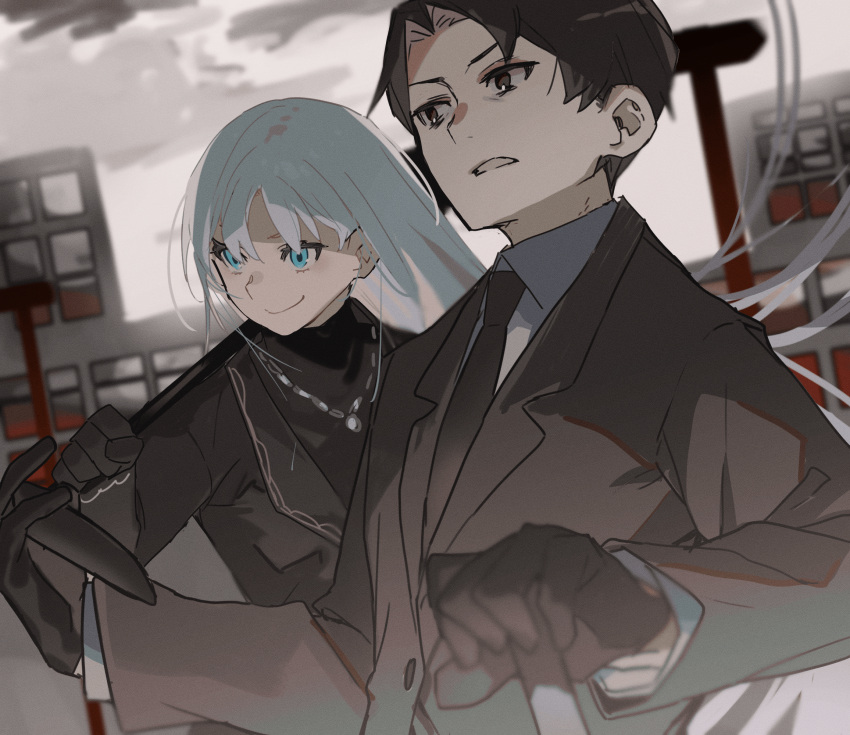 1boy, 1girl, angelica_(library_of_ruina), black_eyes, black_gloves, black_hair, black_jacket, black_necktie