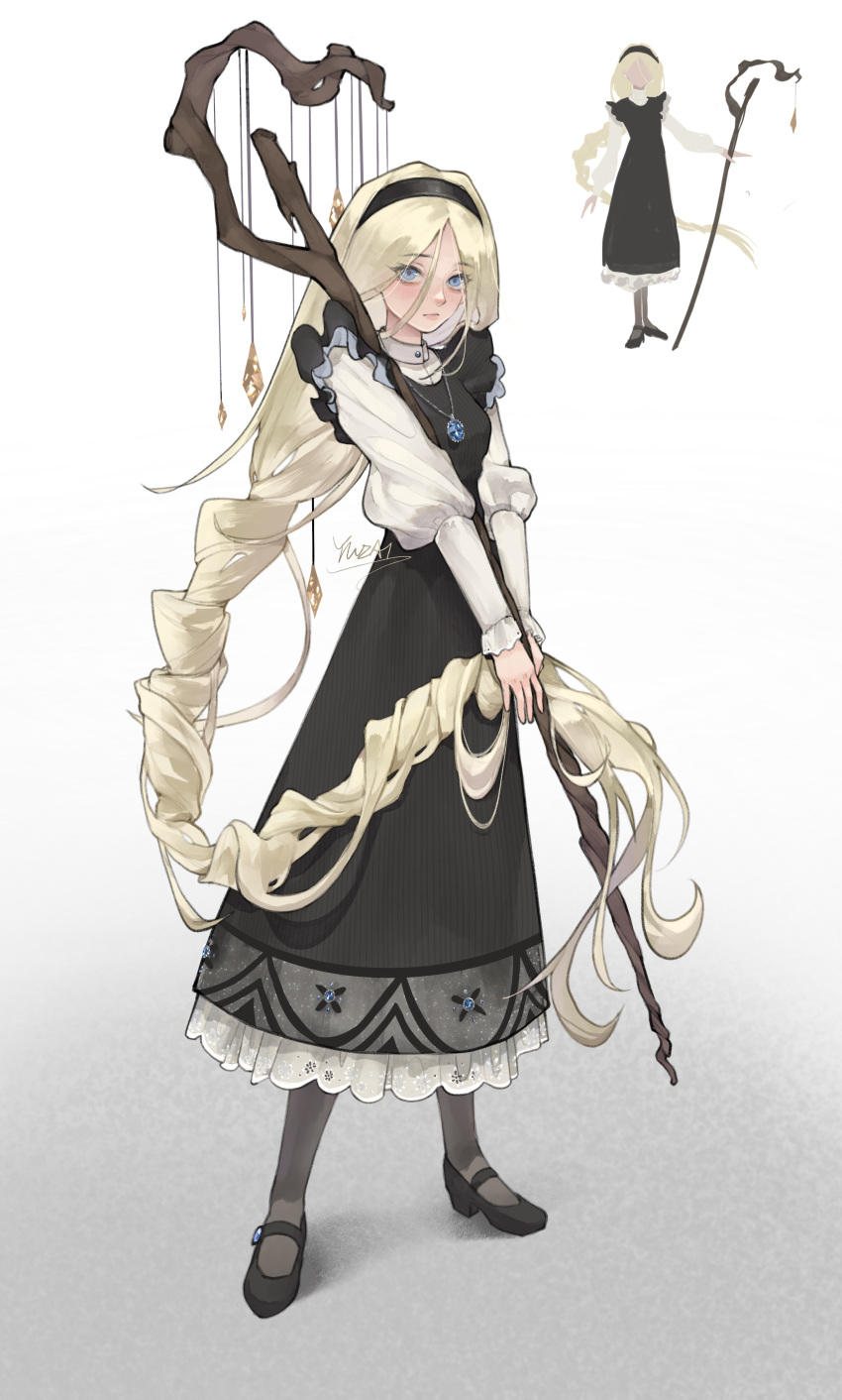 1girl, absurdly_long_hair, absurdres, black_dress, black_footwear, blonde_hair, blue_eyes, blue_gemstone