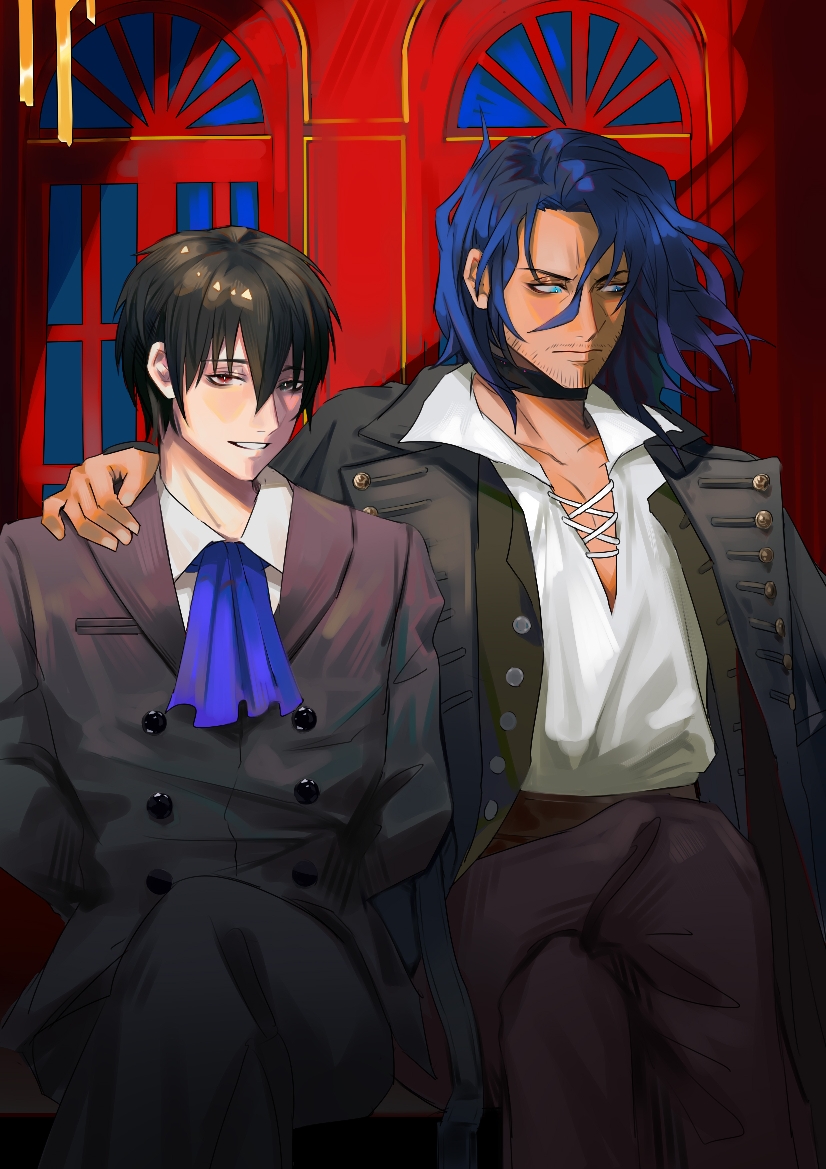 2boys, alger_wilson, arm_around_shoulder, arm_behind_back, ascot, black_choker, black_pants, black_suit