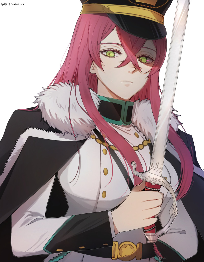 1girl, black_clover, closed_mouth, coat, collared_shirt, fur-trimmed_coat, fur_trim, green_eyes