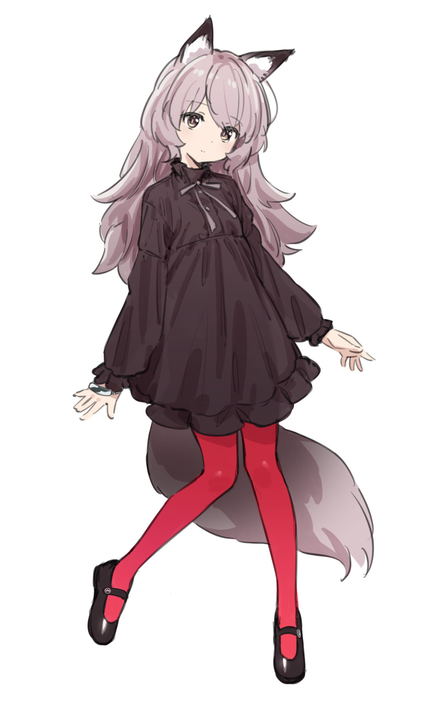 1girl, absurdres, animal_ears, artist_request, black_dress, black_footwear, dress, fox_ears, fox_girl, fox_tail, full_body, grey_eyes, grey_hair, highres, jaana_kettu, long_hair, long_sleeves, looking_at_viewer, original, pantyhose, red_pantyhose, second-party_source, shoes, simple_background, solo, standing, tail, white_background