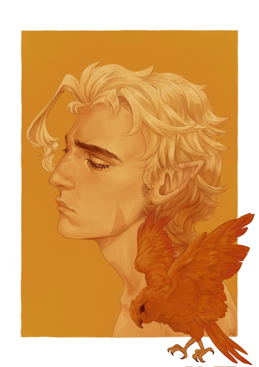 1boy, bird, blonde_hair, border, closed_eyes, from_side, highres, hunter_(the_owl_house)