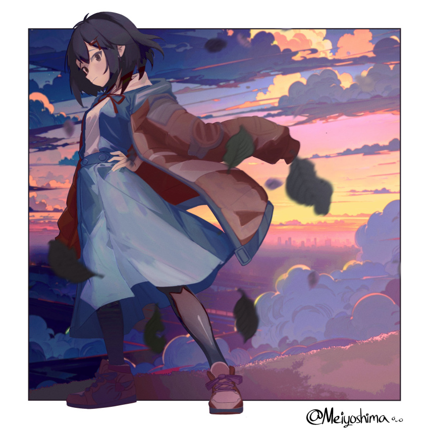 :|, absurdres, artist_name, black_pantyhose, blue_dress, blue_sky, blurry, blurry_foreground