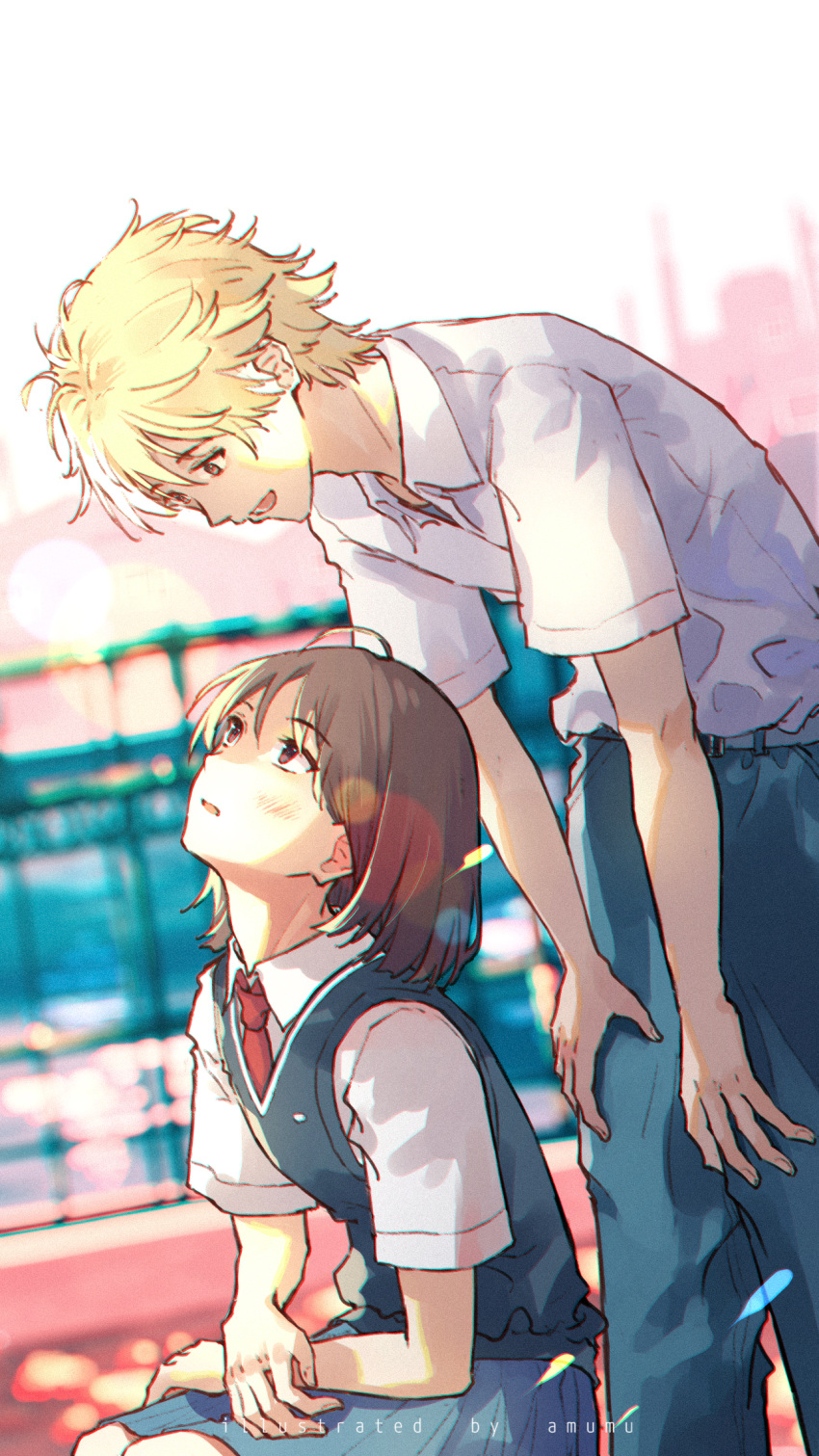 1boy, 1girl, artist_name, blue_pants, blue_skirt, blurry, blurry_background, blush