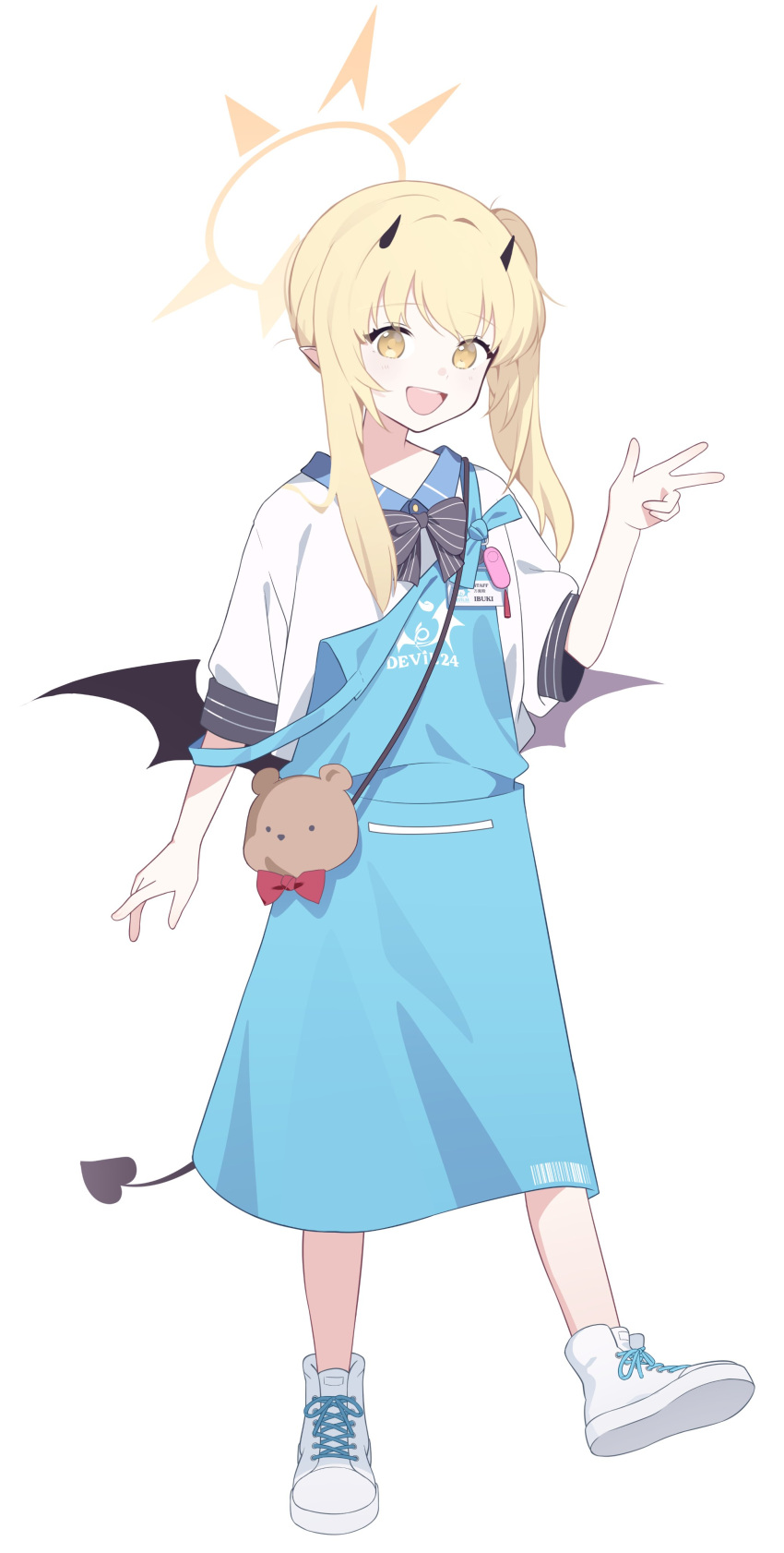 1girl, :d, absurdres, apron, black_wings, blanchat, blonde_hair, blue_apron, blue_archive, blush, bow, bowtie, character_name, cosplay, demon_girl, demon_horns, demon_tail, demon_wings, full_body, halo, happy, highres, horns, ibuki_(blue_archive), id_card, long_hair, looking_at_viewer, shirt, side_ponytail, smile, solo, sora_(blue_archive), sora_(blue_archive)_(cosplay), standing, standing_on_one_leg, strap_slip, striped, striped_bow, striped_bowtie, tail, teeth, upper_teeth_only, w, white_shirt, wings, yellow_eyes