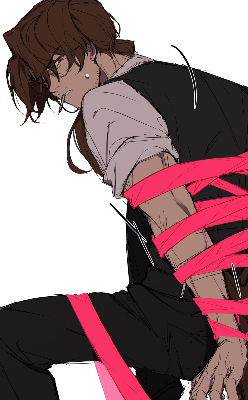 1boy, absurdres, black_pants, bound, brown_eyes, brown_hair, cigarette, facial_hair, gregor_(limbus_company), highres, limbus_company, male_focus, motion_lines, ouc, pants, ponytail, project_moon, restrained, ribbon, shirt, solo, stubble, vest, white_shirt