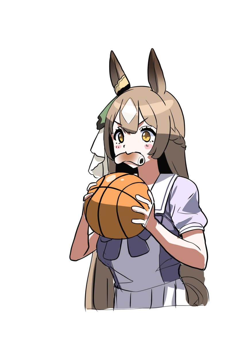 1girl, animal_ears, ball, basketball_(object), blush, bow, braid, brown_hair