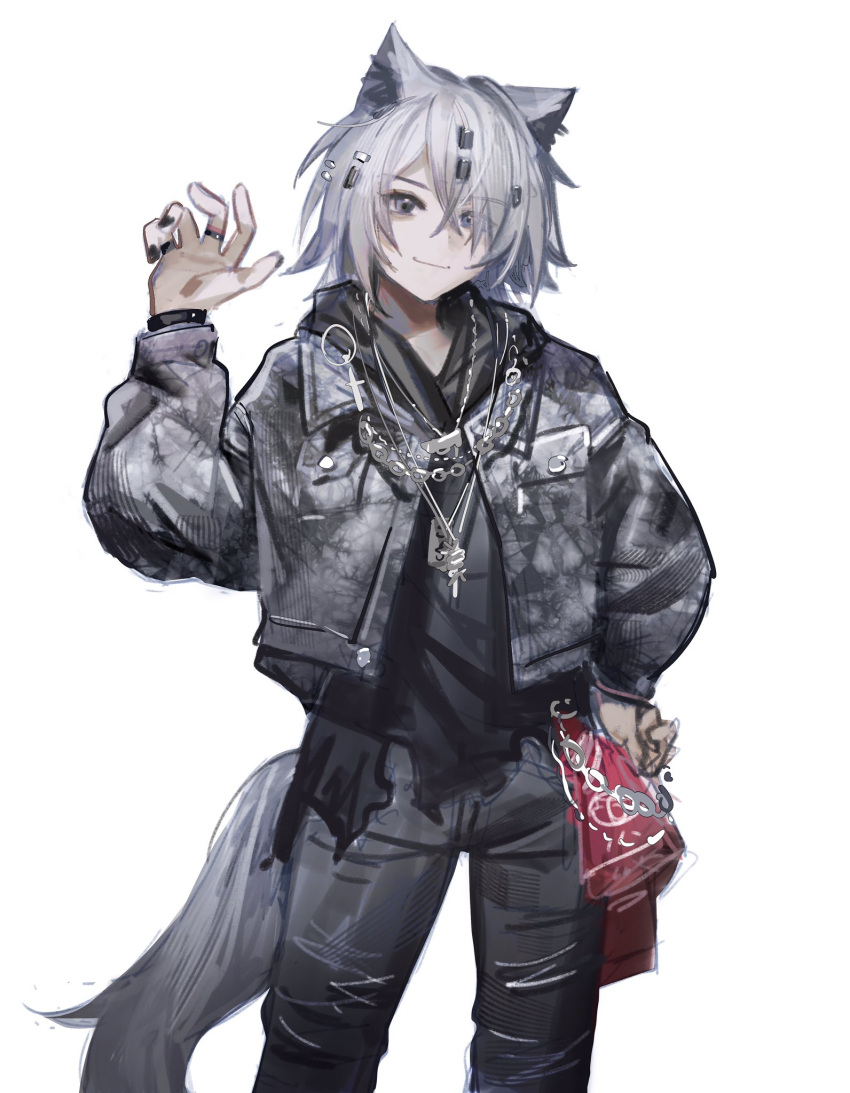 1girl, alternate_costume, alternate_hairstyle, ambience_synesthesia, animal_ears, arknights, black_jacket, black_nails, black_pants, black_shirt, blue_eyes, chain, cowboy_shot, eyes_visible_through_hair, grey_hair, hair_ornament, hair_over_one_eye, hairclip, hand_on_own_hip, highres, jacket, jewelry, lappland_(arknights), liangban_xiexu, long_sleeves, looking_at_viewer, necklace, pants, ring, shirt, short_hair, simple_background, smile, solo, standing, tail, tomboy, white_background, wolf_ears, wolf_girl, wolf_tail