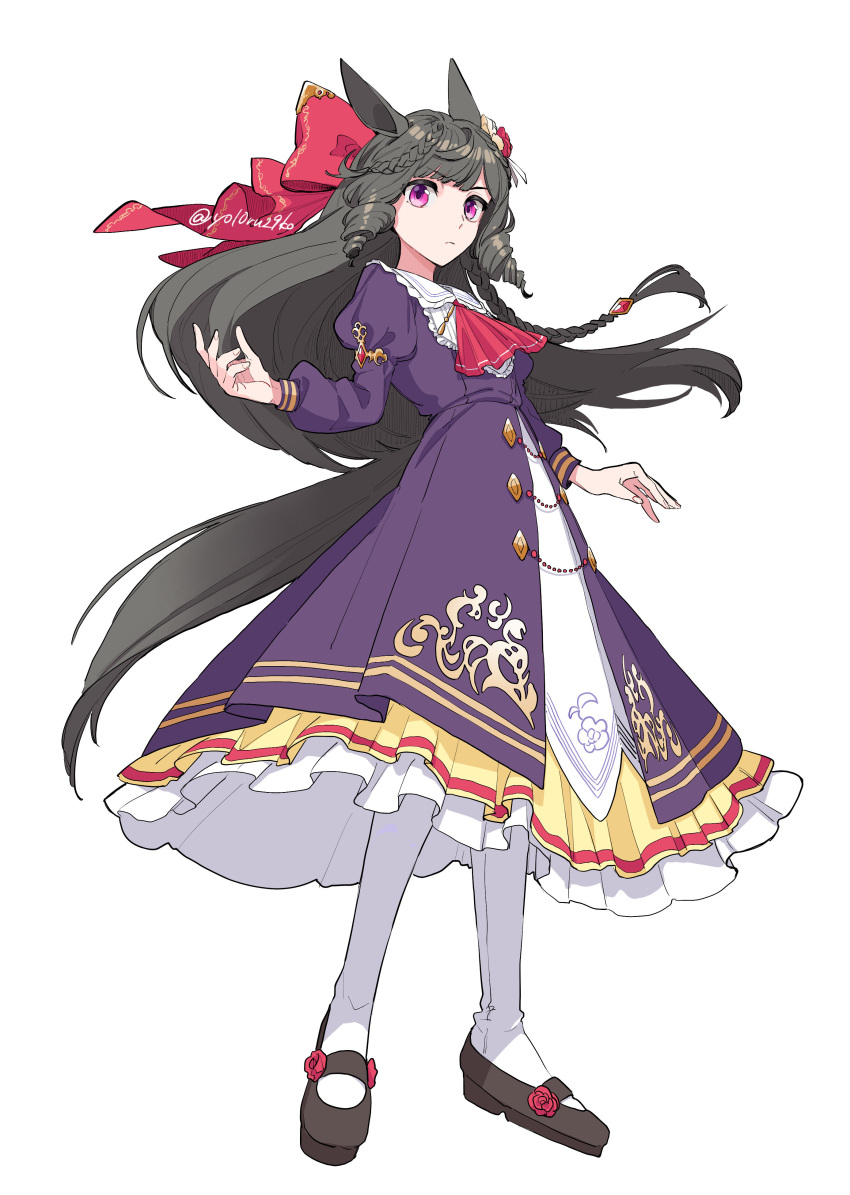 1girl, absurdres, animal_ears, ascot, black_hair, bow, brown_footwear, closed_mouth