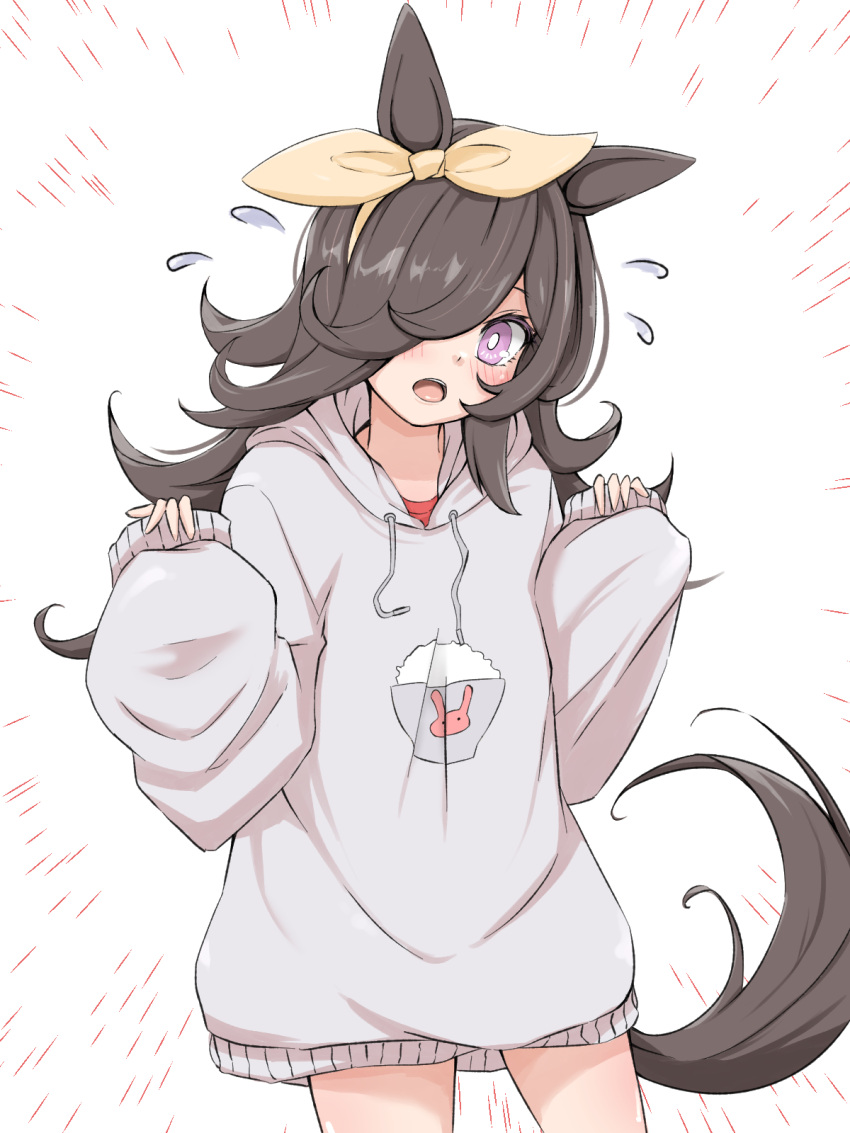 1girl, animal_ears, blush, brown_hair, brown_ribbon, cowboy_shot, flying_sweatdrops, grey_hoodie