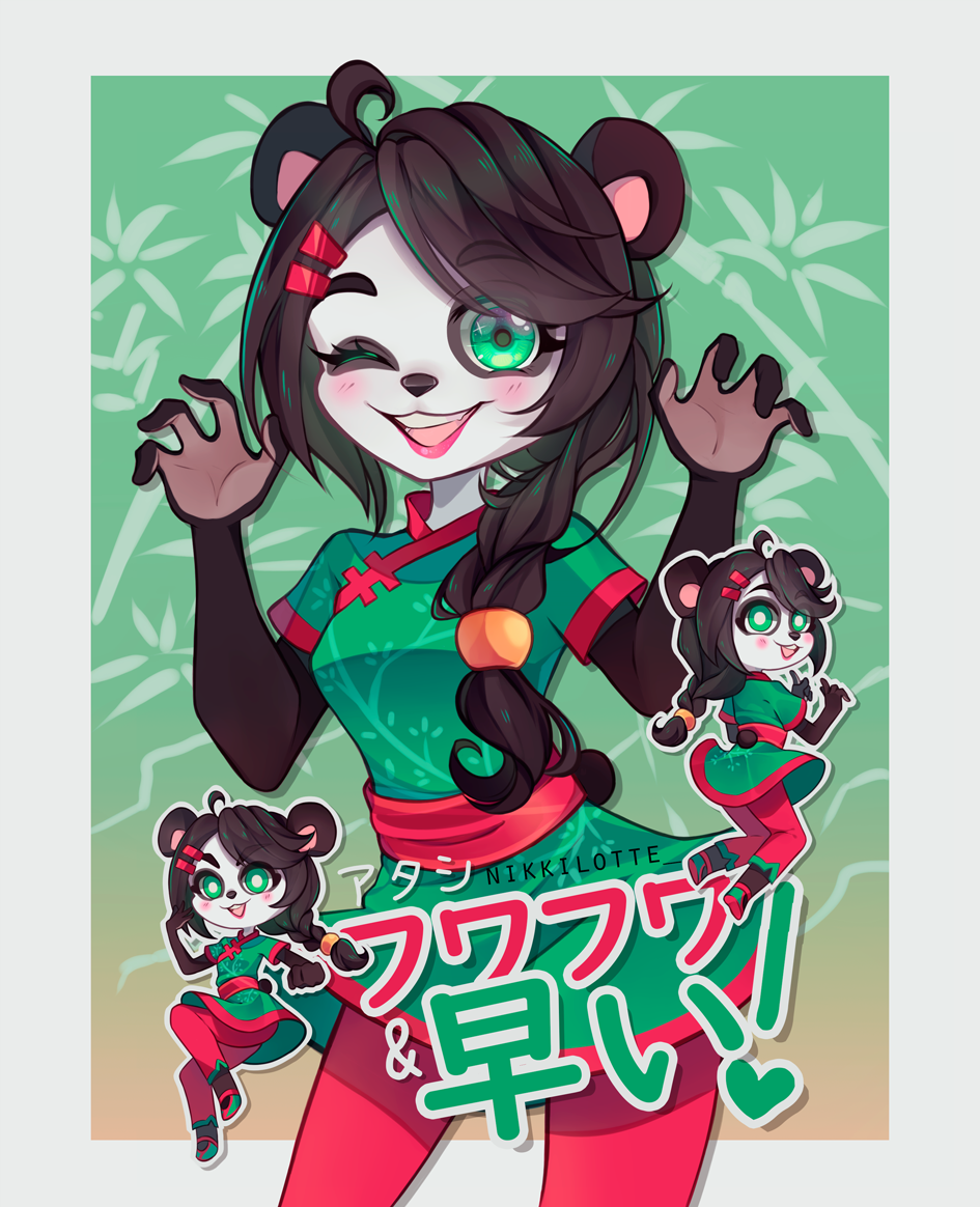 2girls, animal_ears, artist_name, bamboo_print, black_hair, border, chinese_clothes, crash_bandicoot_(series), green_eyes, looking_at_viewer, medium_hair, multiple_girls, multiple_views, nikkilotte, one_eye_closed, open_mouth, ponytail, print_background, teeth, upper_teeth_only, watermark, white_border, yaya_panda