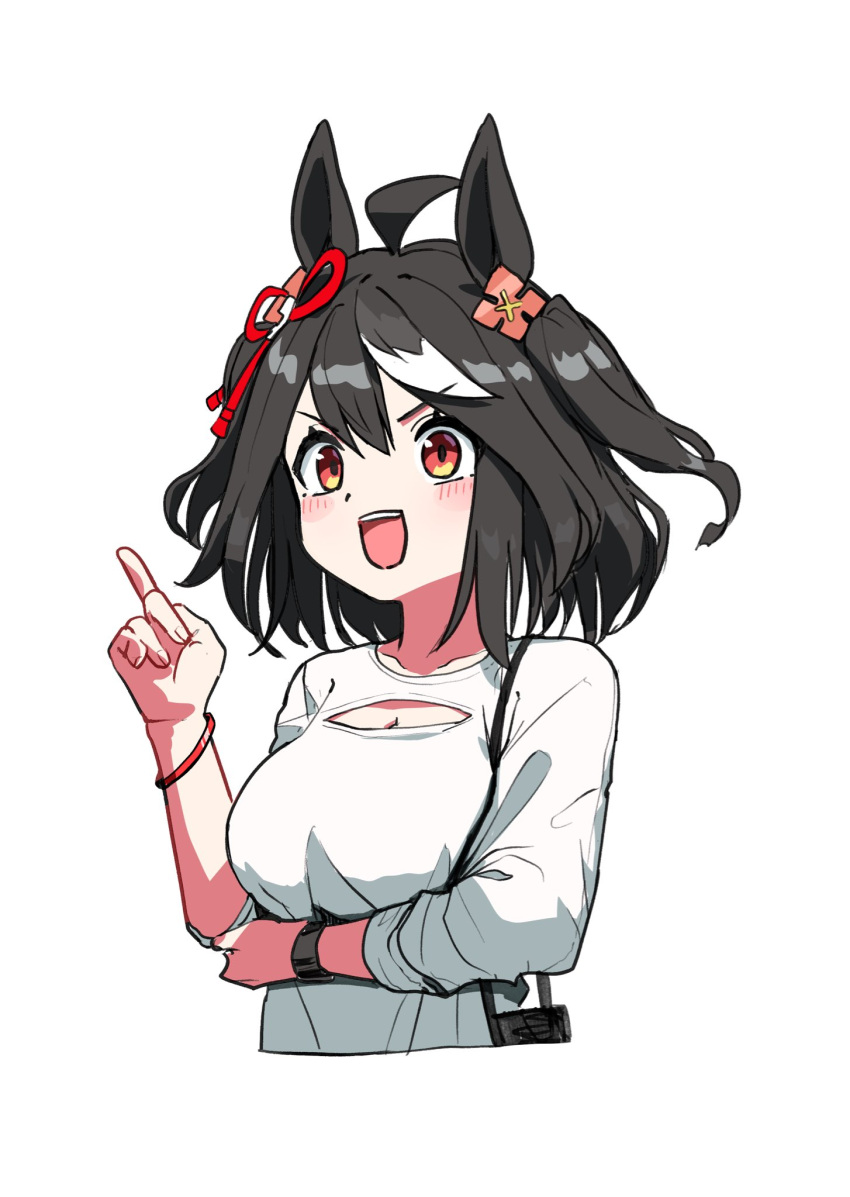 1girl, ahoge, animal_ears, arm_under_breasts, bag, black_hair, blush, bracelet