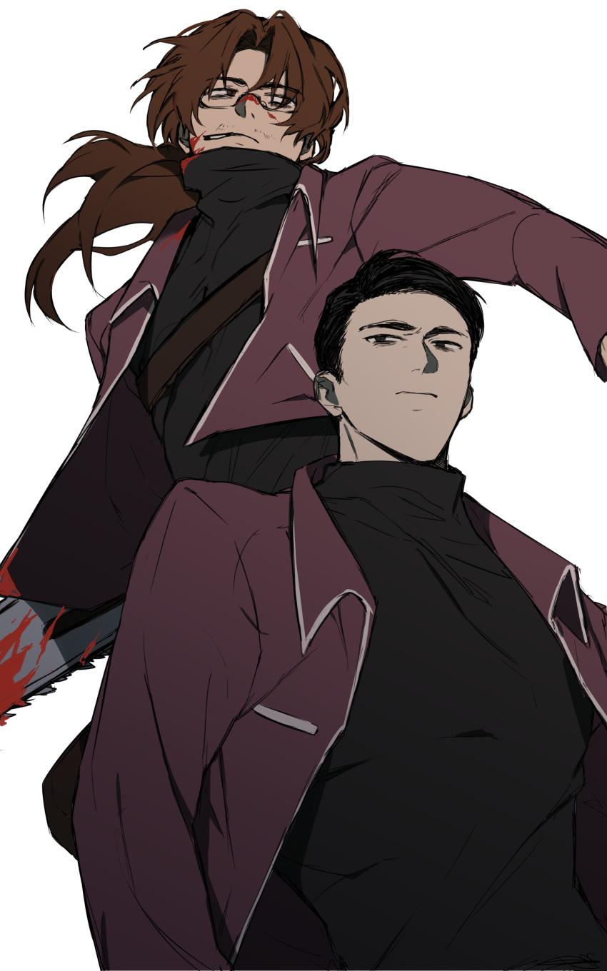 2boys, absurdres, black_eyes, black_hair, black_shirt, blood, brown_eyes, brown_hair, cigarette, glasses, gregor_(limbus_company), highres, limbus_company, male_focus, meursault_(limbus_company), multiple_boys, ouc, ponytail, project_moon, shirt