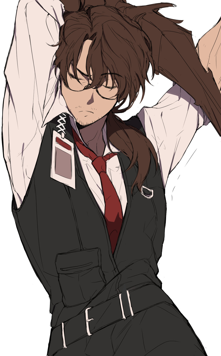 1boy, absurdres, arthropod_limbs, belt, brown_hair, closed_eyes, facial_hair, gregor_(limbus_company)