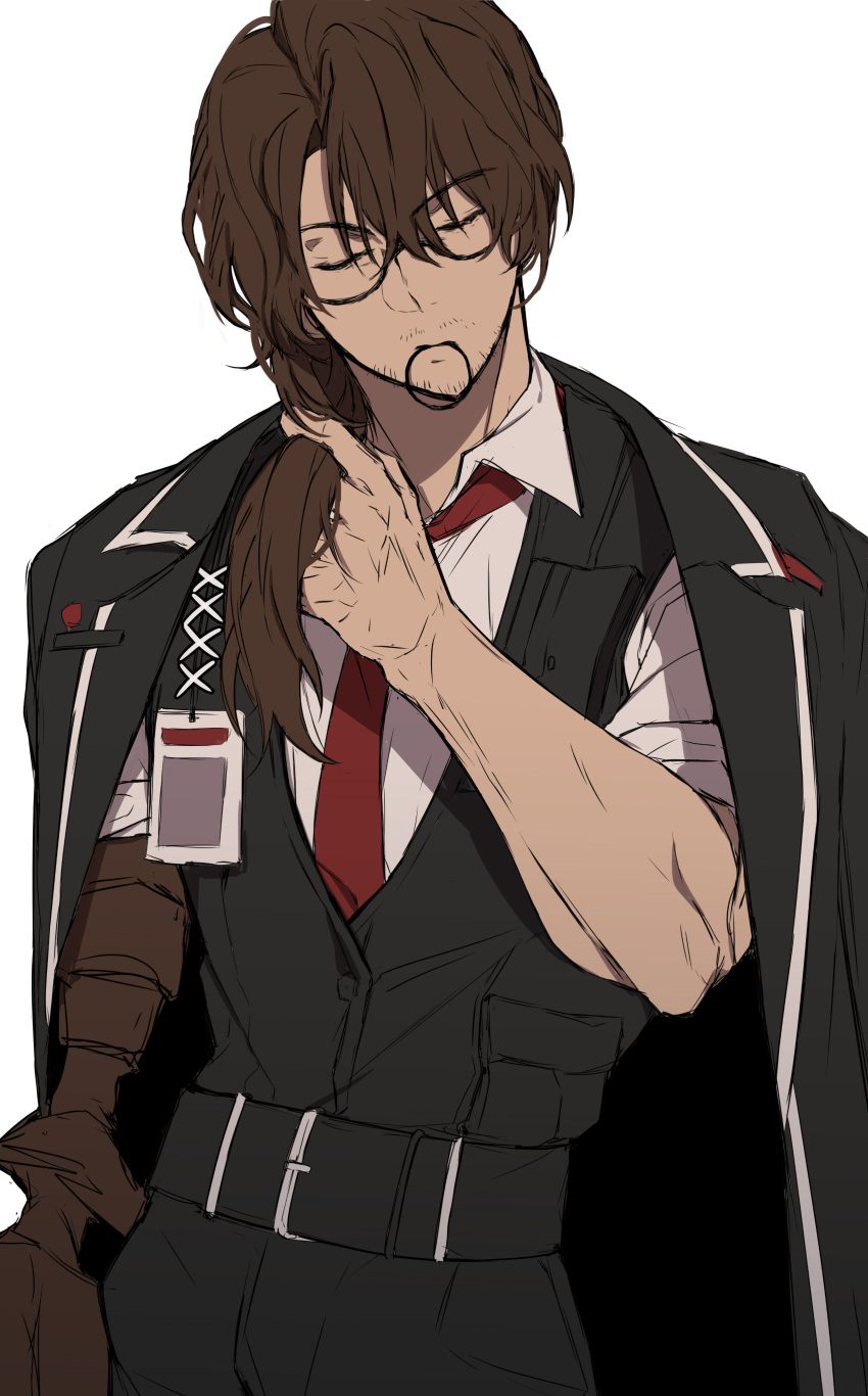 1boy, absurdres, arthropod_limbs, belt, black_coat, black_hairband, brown_hair, closed_eyes