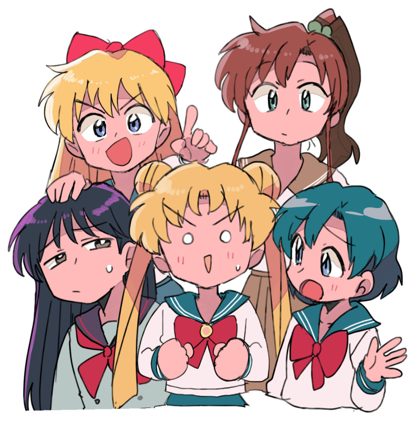 5girls, aino_minako, bishoujo_senshi_sailor_moon, blonde_hair, blue_eyes, blue_sailor_collar, blue_skirt, bow, brown_hair, closed_mouth, green_eyes, highres, hino_rei, kino_makoto, kino_makoto's_school_uniform, mizuno_ami, multiple_girls, open_mouth, purple_hair, purple_sailor_collar, red_bow, sailor_collar, school_uniform, short_hair, skirt, tsubobot, tsukino_usagi