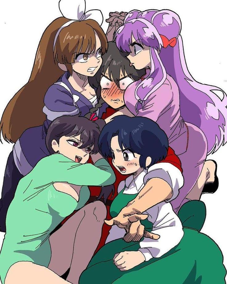 4girls, artist_request, between_breasts, black_footwear, blush, bow, breasts, brown_hair
