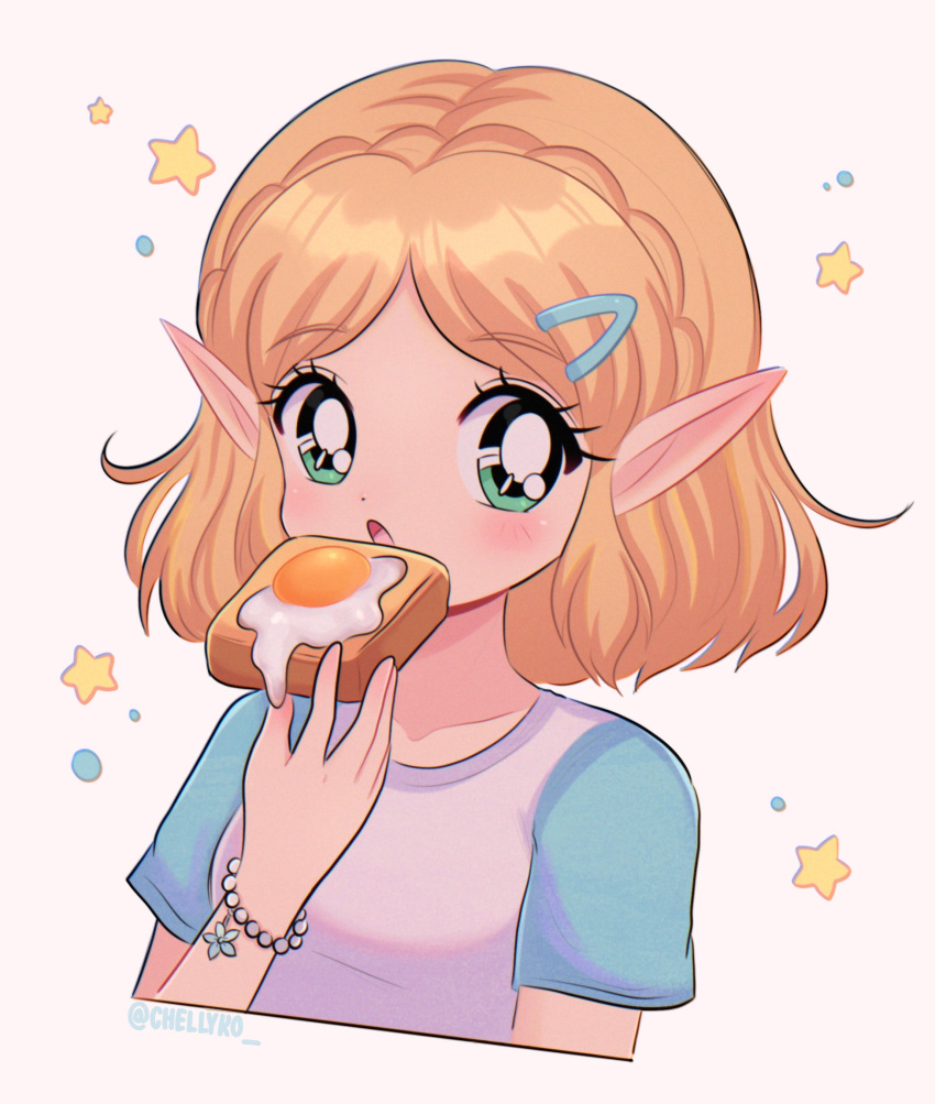 1990s_(style), 1girl, alternate_costume, artist_name, blonde_hair, blue_shirt, blush, bracelet