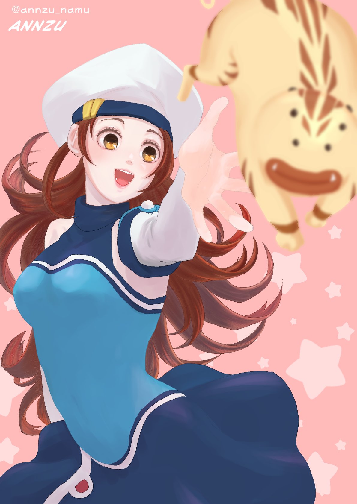 1girl, :d, annzu_namu, bonaparte_(suikoden), breasts, brown_eyes, brown_hair, creature