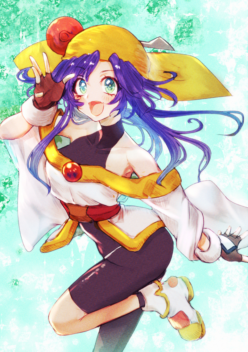 1girl, :d, ankle_boots, bandana, bare_shoulders, blue_eyes, bodysuit, bodysuit_under_clothes