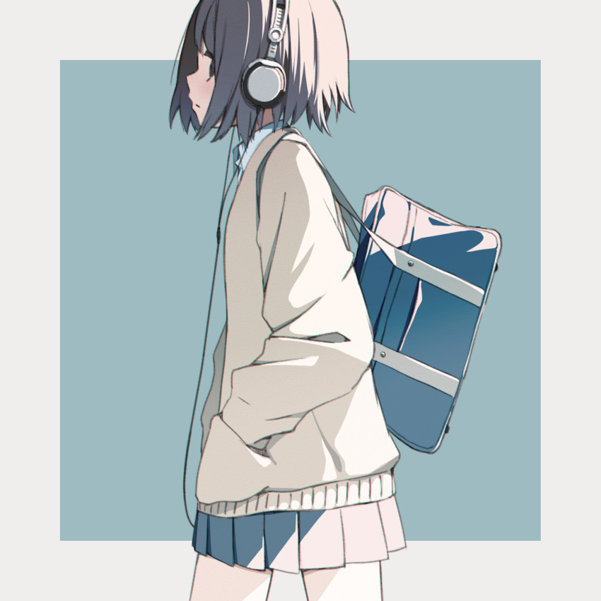 1girl, bag, blue_background, blue_bag, blue_skirt, bob_cut, border, breasts, cable, cardigan, closed_mouth, commentary, cowboy_shot, dress_shirt, english_commentary, expressionless, from_side, grey_hair, hair_over_eyes, hair_strand, hands_in_pockets, headphones, highres, idou_kyoushitsu, long_sleeves, looking_at_viewer, looking_to_the_side, miniskirt, original, outside_border, pleated_skirt, school_bag, school_uniform, shirt, short_hair, shoulder_bag, simple_background, skirt, small_breasts, solo, uniform, walking, white_border, white_cardigan, white_shirt