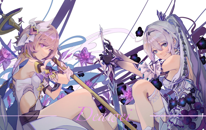 2girls, absurdres, artist_name, bare_legs, bare_shoulders, black_gloves, blue_eyes, deawei