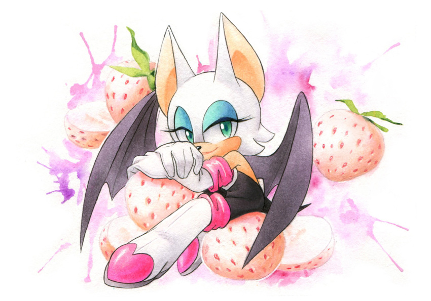 1girl, bat_wings, boots, finik, food, fruit, gloves, green_eyes