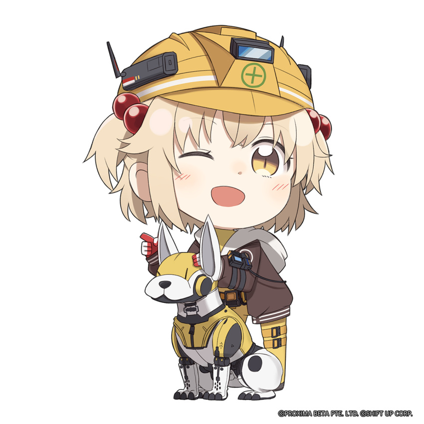 1girl, black_footwear, blonde_hair, bodysuit, bolt_(nikke), brown_jacket, chibi, commentary