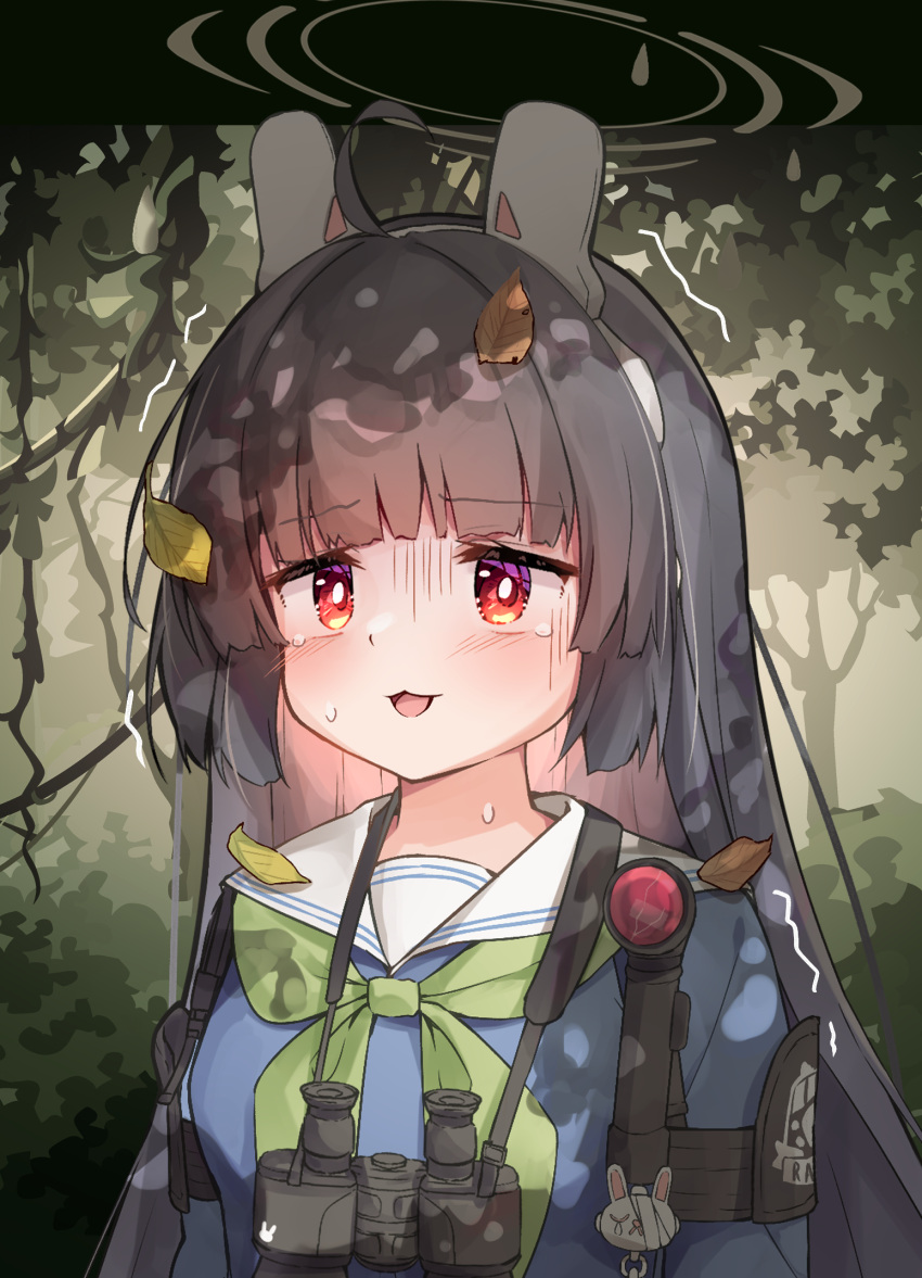 1girl, :3, ahoge, animal_ears, binoculars, black_hair, blue_archive, breasts
