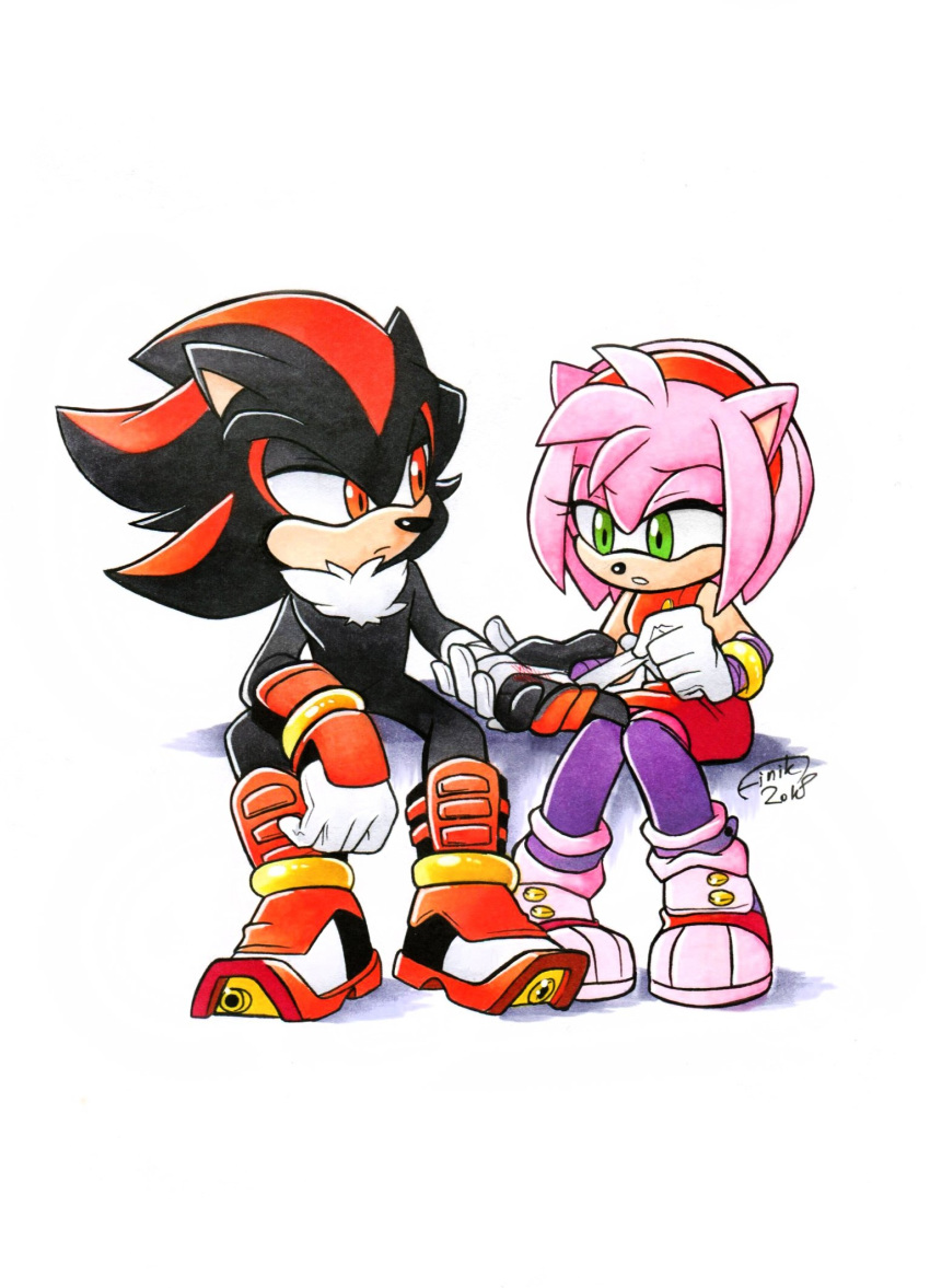 1boy, amy_rose, applying_bandages, artist_name, bandaged_hand, bandages, dated, dress