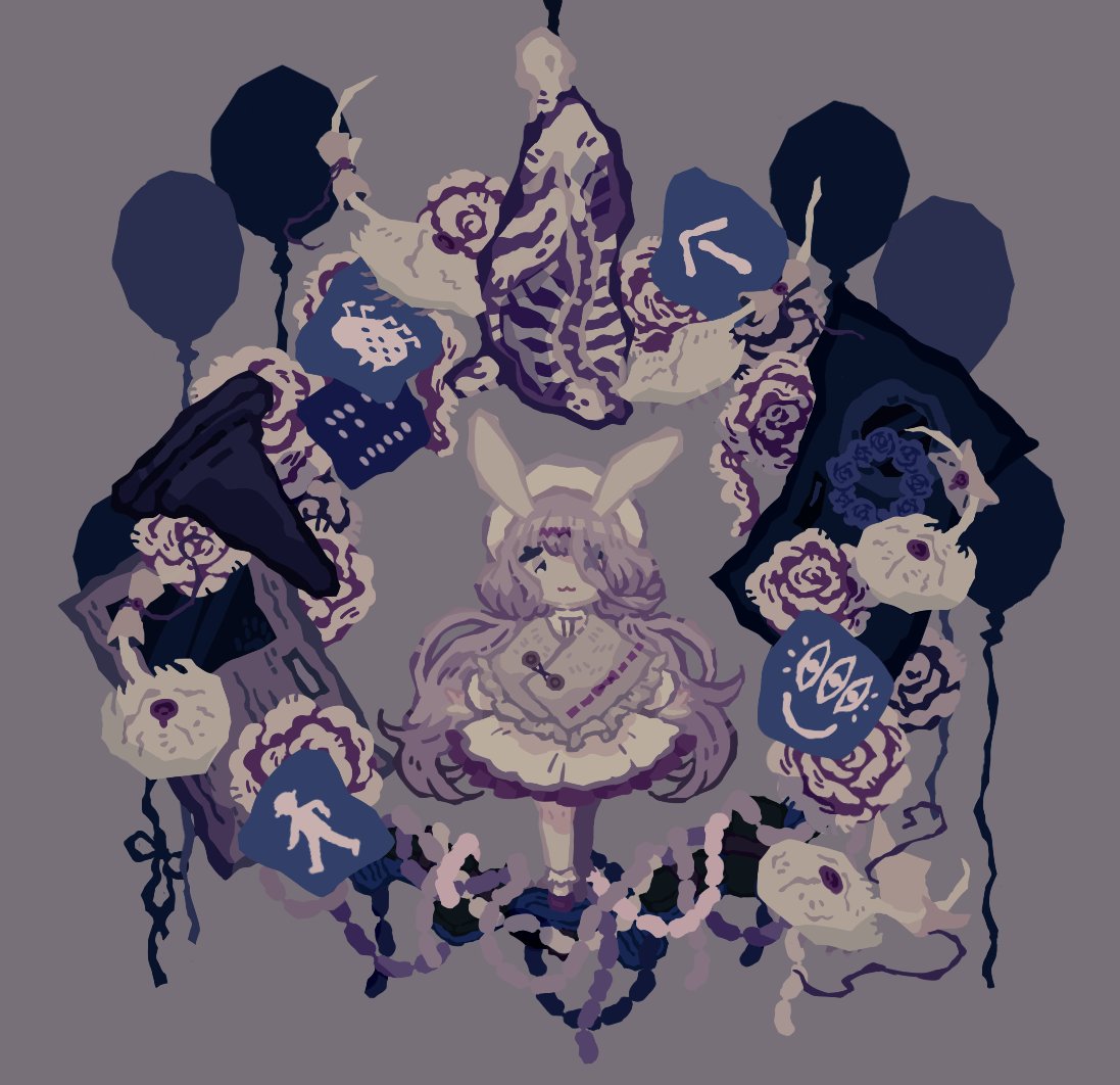 1girl, :3, animal_ears, arrow_(symbol), balloon, beret, black_eyes, blue_flower