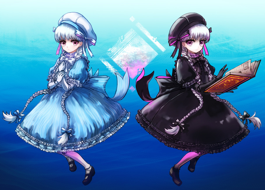 2girls, alice_(fate), back_bow, beret, black_bow, black_bowtie, black_dress, black_gloves
