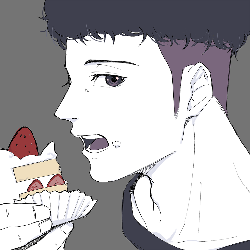 1boy, black_hair, cake, cake_slice, eating, food, food_on_face, fruit, grey_background, hakozume:_kouban_joshi_no_gyakushuu, holding, holding_food, looking_at_viewer, male_focus, minamoto_seiji, open_mouth, short_hair, skyoskyo, solo, strawberry
