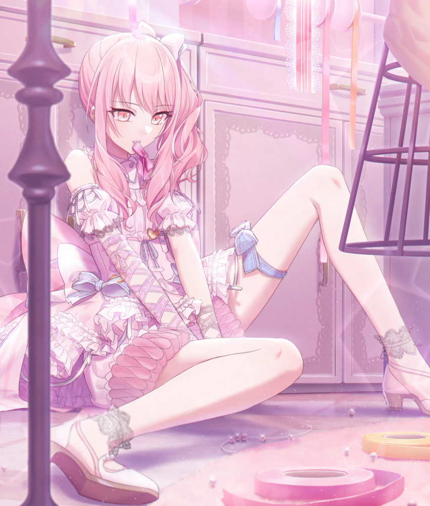 1other, against_wall, akabino, akiyama_mizuki, androgynous, asymmetrical_sleeves, between_legs, biting