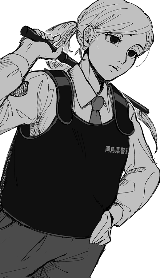 1girl, baton_(weapon), bulletproof_vest, fuji_seiko, greyscale, hakozume:_kouban_joshi_no_gyakushuu, hand_on_own_hip, long_hair