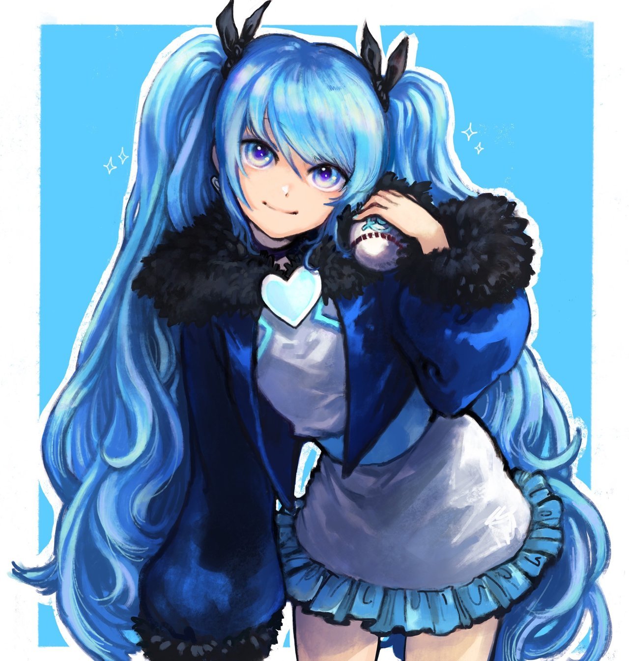 1girl, annie_bass, black_bow, blue_background, blue_eyes, blue_hair, blue_jacket, blue_sash