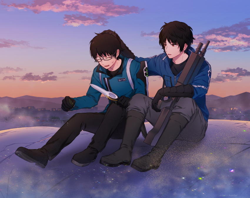 2boys, ^_^, black_footwear, black_gloves, black_hair, black_pants, black_shirt, blue_jacket