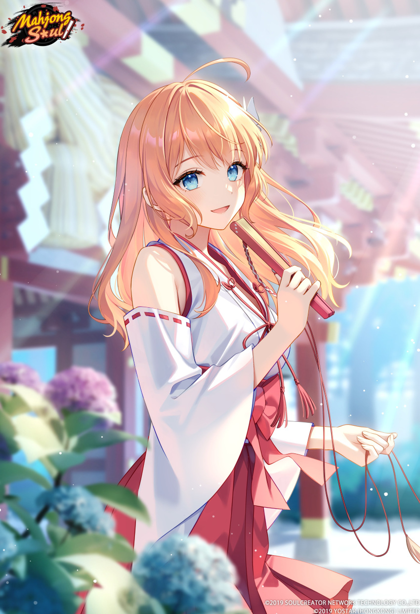 1girl, absurdres, ahoge, aihara_mai, blonde_hair, blue_eyes, blue_flower, blurry