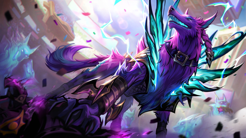 absurdres, animal, braid, claws, confetti, day, dog, glowing_mouth