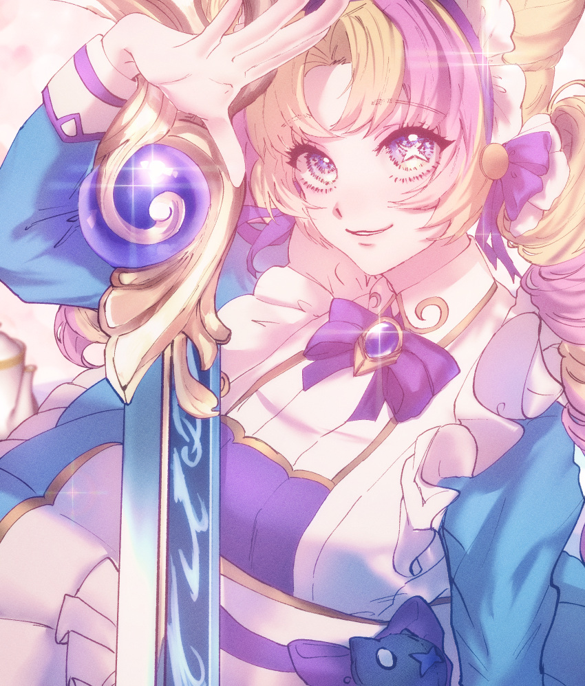 1girl, absurdres, alternate_costume, blonde_hair, bow, bowtie, cafe_cuties_(league_of_legends), cafe_cuties_gwen