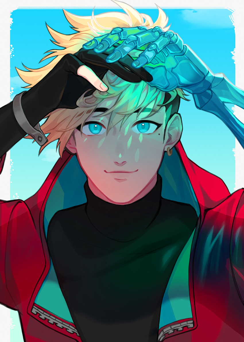 1boy, arms_up, black_gloves, black_hair, black_shirt, blonde_hair, blue_background, blue_eyes