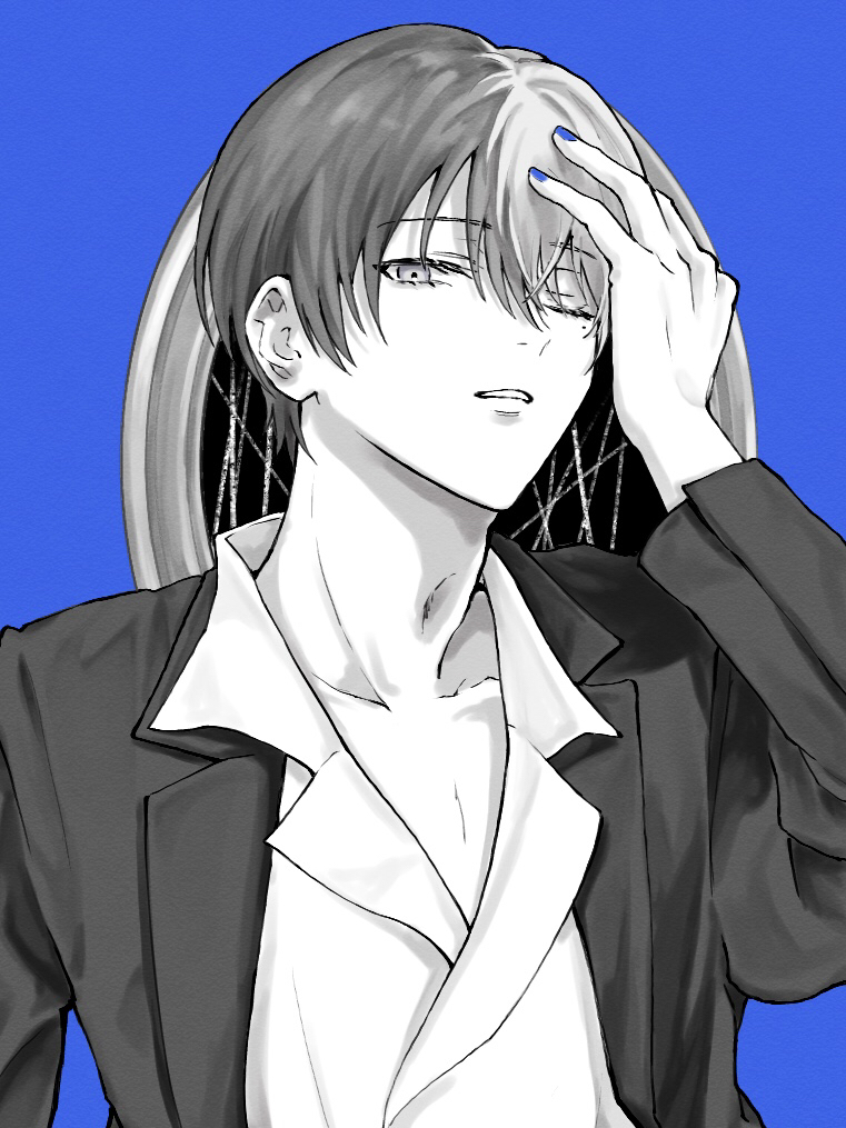 1boy, akuma_no_odorikata_(vocaloid), aoyagi_touya, black_jacket, blue_background, blue_nails, commentary_request, jacket