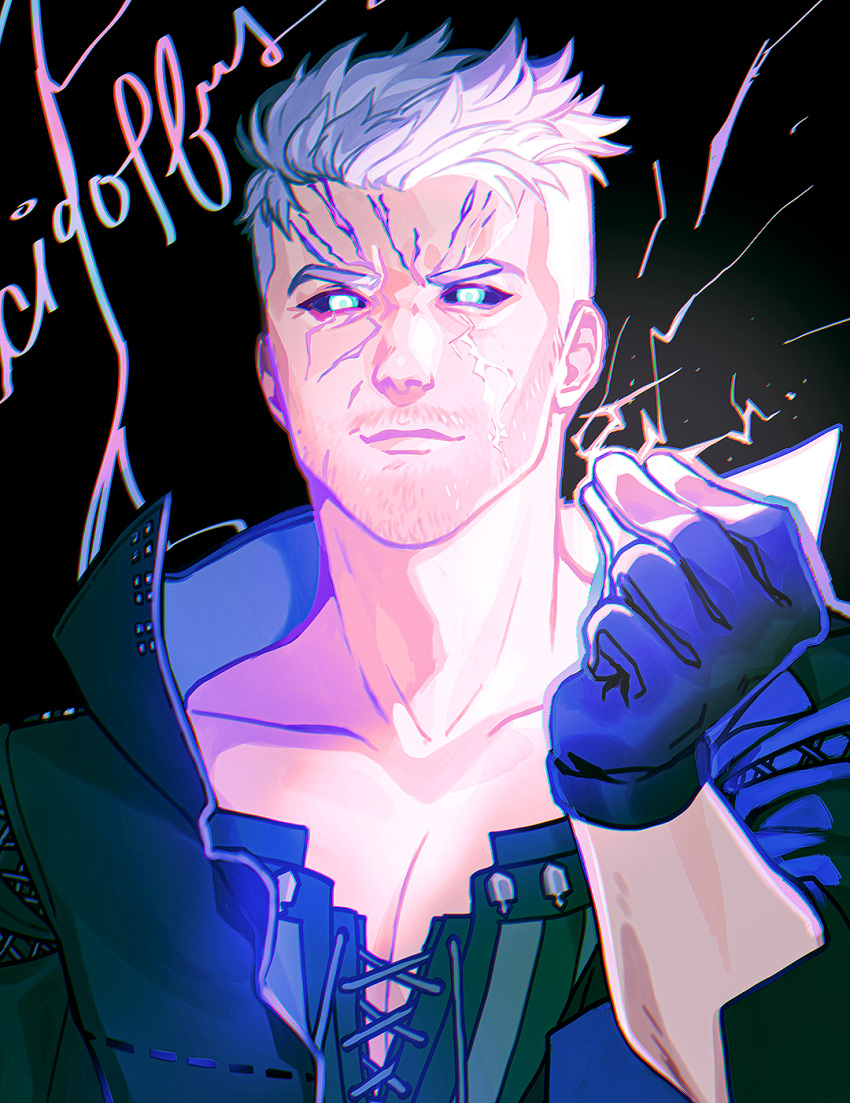 1boy, black_background, black_gloves, black_jacket, black_sclera, blue_eyes, cidolfus_telamon, closed_mouth