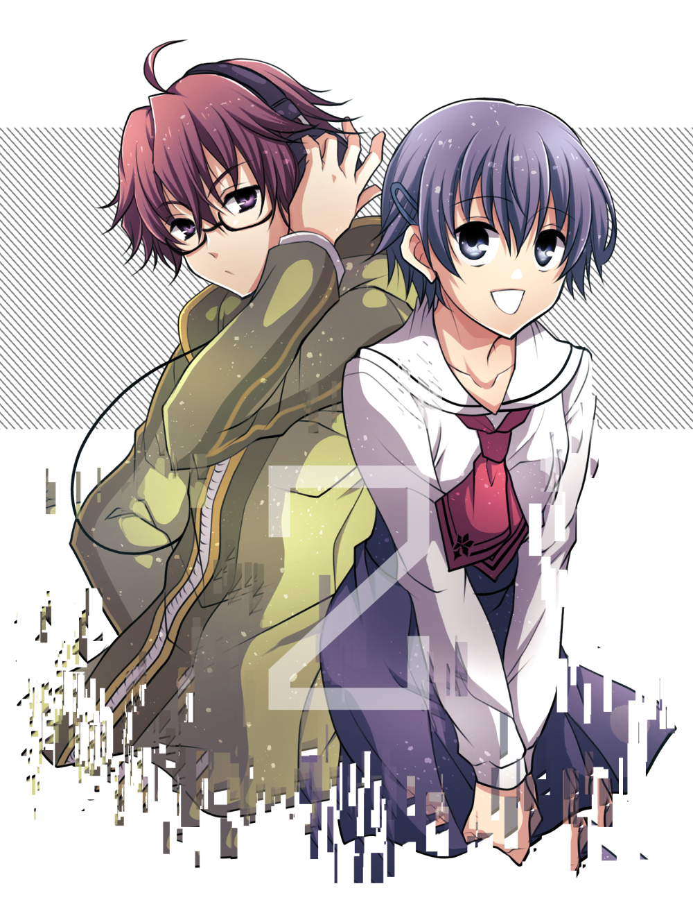 1boy, 1girl, ahoge, coat, countdown, glasses, grey_eyes, headphones